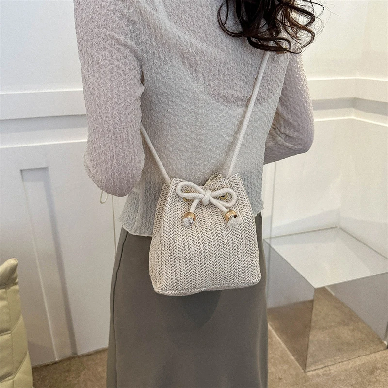 Fashion Womens Soft Woven Cross Body Bag Drawstring Straw Shoulder Bags Travel Handbag