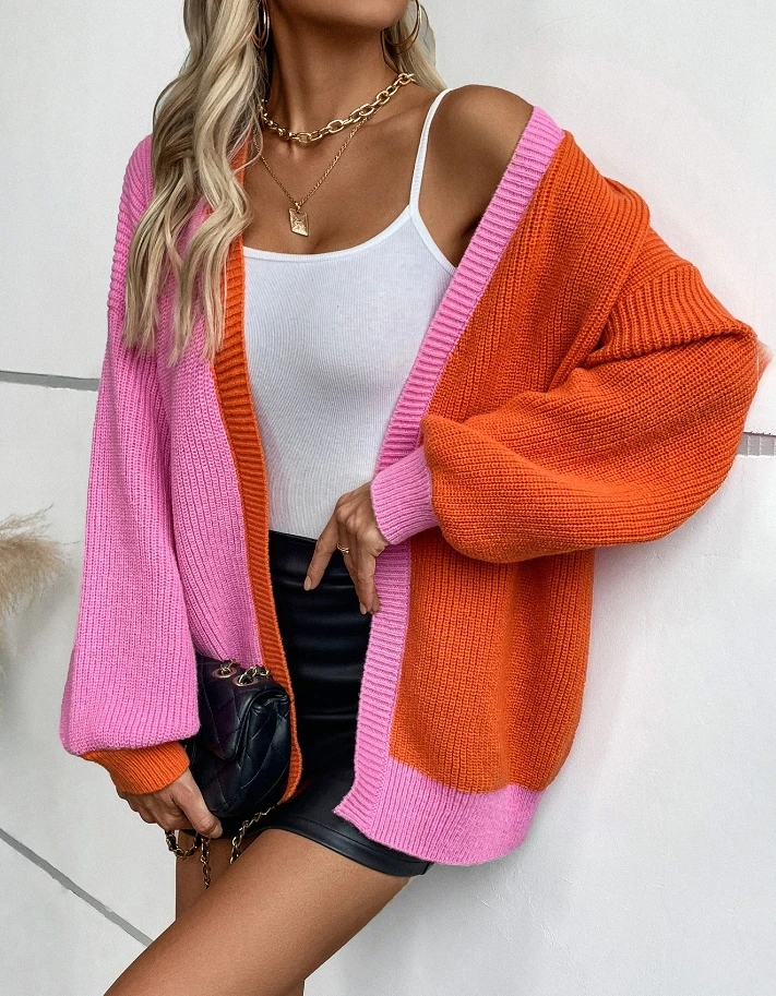 Women Trendy Cardigan Coat 2024 Autumn Winter Latest V-Shaped Collar Color Blocked Sweater Loose Button Long Sleeve Knitted Top