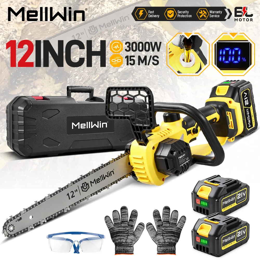 MELLWIN Motosega Elettrica Senza Spazzole da 12 Pollici 3000W Sega ad Alta Velocità per Taglio Legno, Strumento per Potatura e Legname Compatibile con Batteria Makita 18V