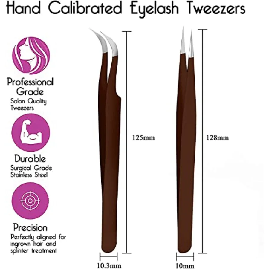 Lash Tweezers for Extensions, Pack of 2,,Straight and Curved