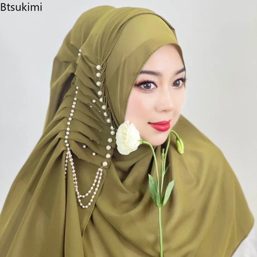 Élégant mousseline de soie Hijabs femmes musulmanes Hijab perle gland conception longue écharpe Turban châles islamique tête enveloppement pour les femmes foulard