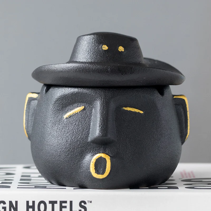 Abstract Face Ashtray Ceramic with Lid Character Ornament Home Living Room Office Cigar Ashtray Anti-flying Ash Home Decoration