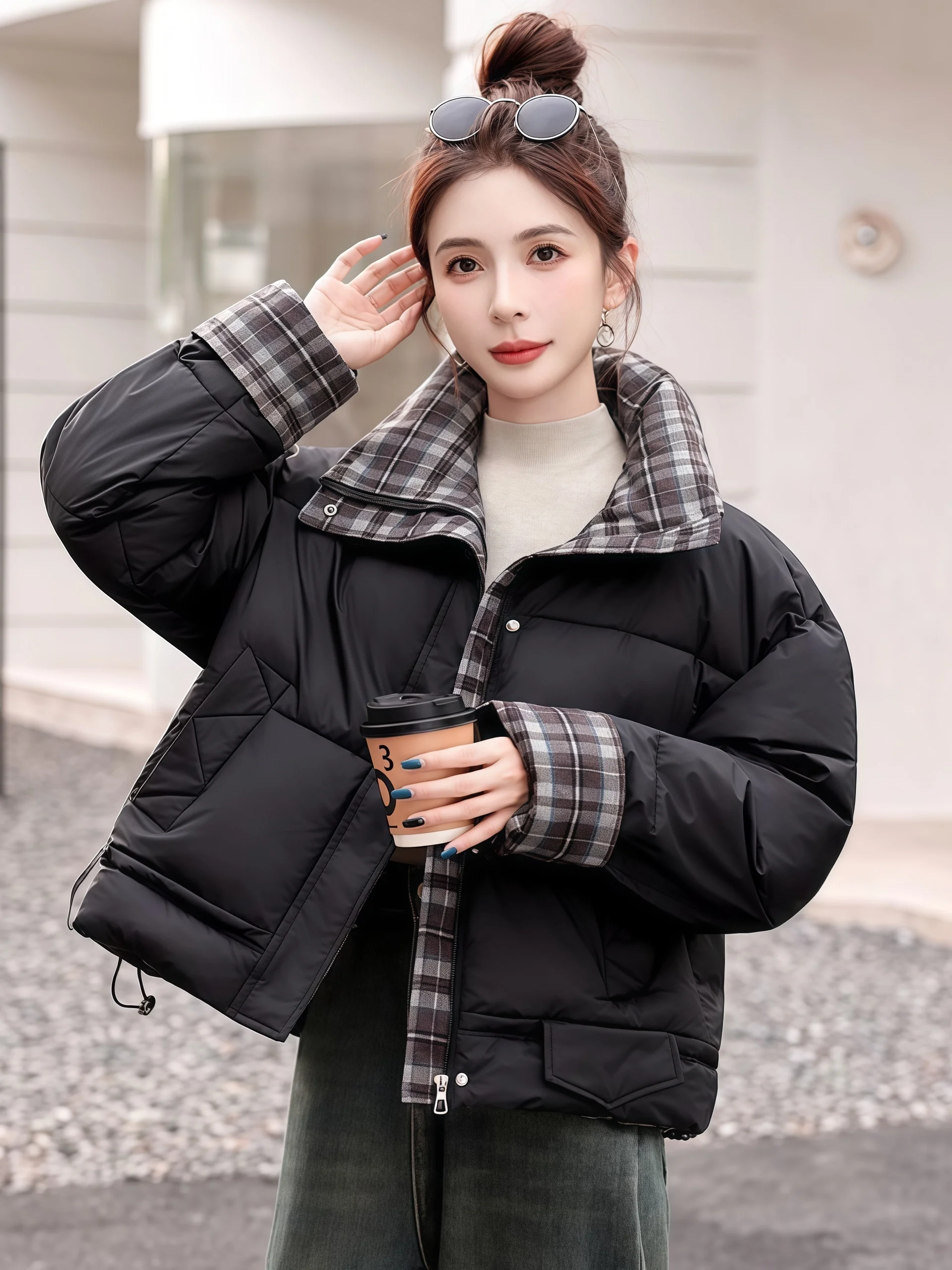 

Модная женская утепленная куртка из хлопка с клетчатыми вставками, короткое пальто-пуховик для весны, осени и зимы, новинка