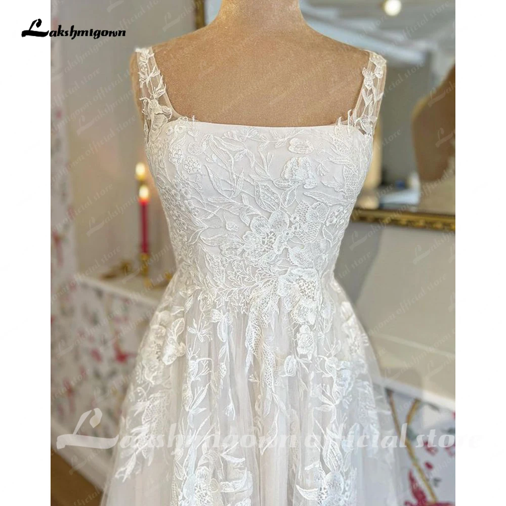 Lakshmigown Scoop Neck Court Train Lace Appliques Spaghetti Straps Wedding Dresses 2023 Boho Bridal Robe Sukienki Tulle Wedding