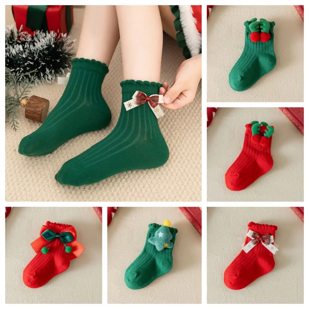 

Soft Red Green Children Christmas Socks Antlers Bowknot Mid Tube Socks Stripe Christmas Tree Cartoon Socking Christmas