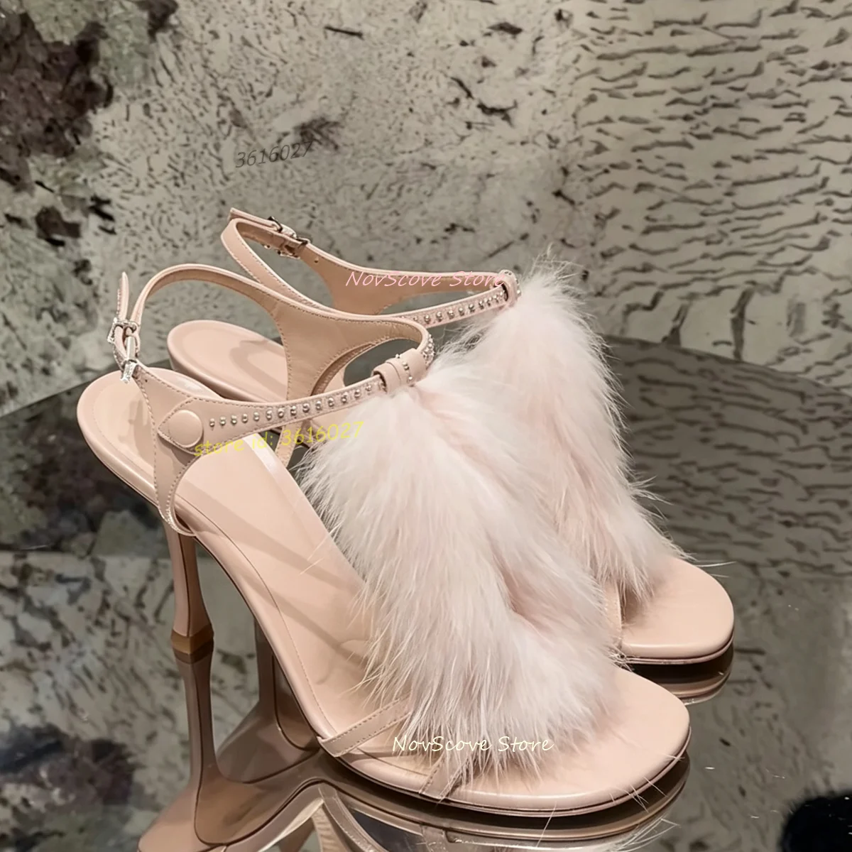 Open Toe Furry Sandals T Straps Ankle Buckle Studded Stiletto High Heels Shallow Sandals Cutouts Summer Sexy Women Party Pumps
