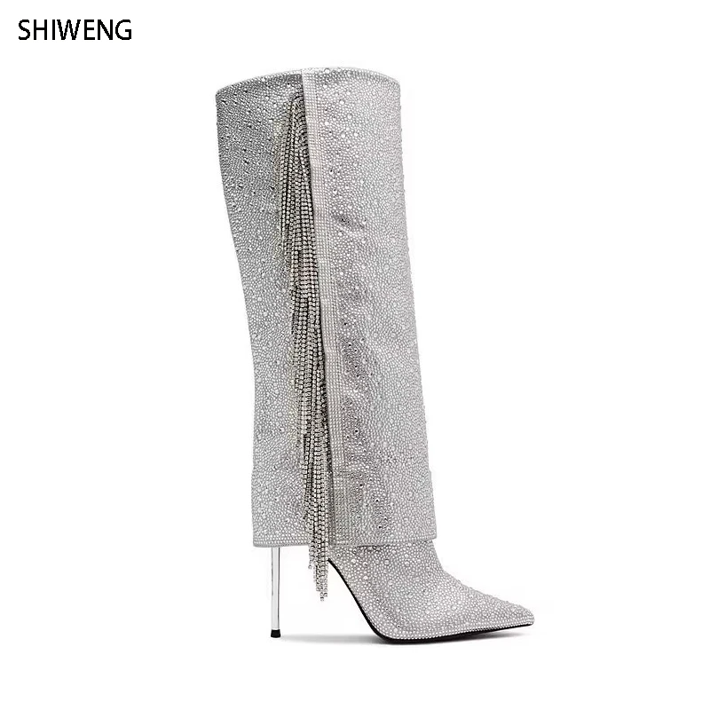 2025 Bling Thin Heel Boots Pointed Toe Knee High Boots for Women Winter Luxury Runway Shoes Tassel Rhinestones Long Boots 44