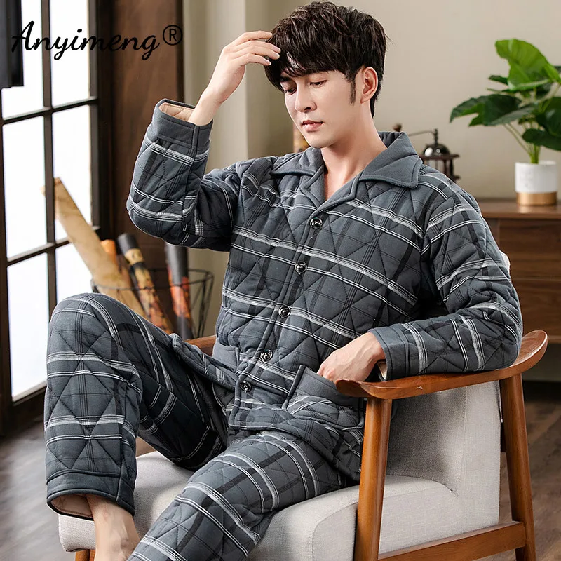 Winter Men Pajama Sets Thick Warm Three Layer Cotton Wine Red Pajama Plus Size L-3XL Nightwear Three Layer Cotton Man Pijamas