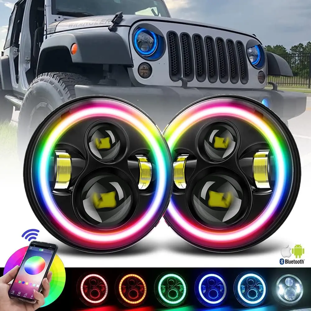 7 Inch Led Headlight RGB Multi-Color Angel Eye DRL Halo Ring Light For Jeep Wrangler JK TL LJ Unlimited 150W Dropshipping