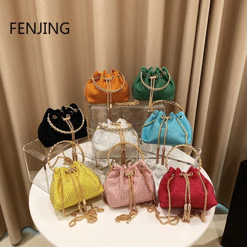 

Glitter Diamond Bag for Women Handbags New Bright Rivet Drawstring Bucket Bags with Rhinestone Hand-held Dinner Crossbody Bag