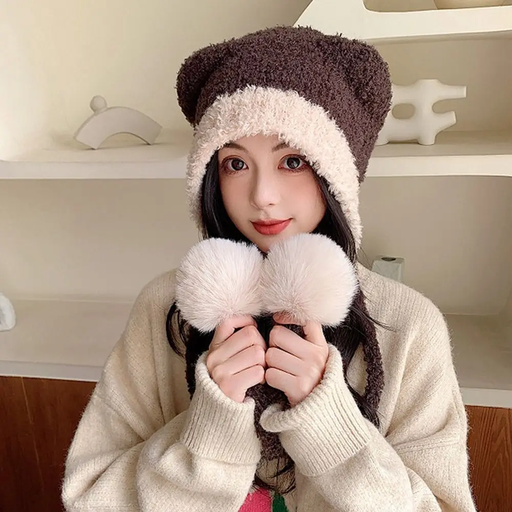 

Fashion Skull Cap Bear Ears Knitted Hat Woolen Hat Beanie Hat Cat Ears Beanie Ear Protection Hat All-match Plush Hat Outdoor