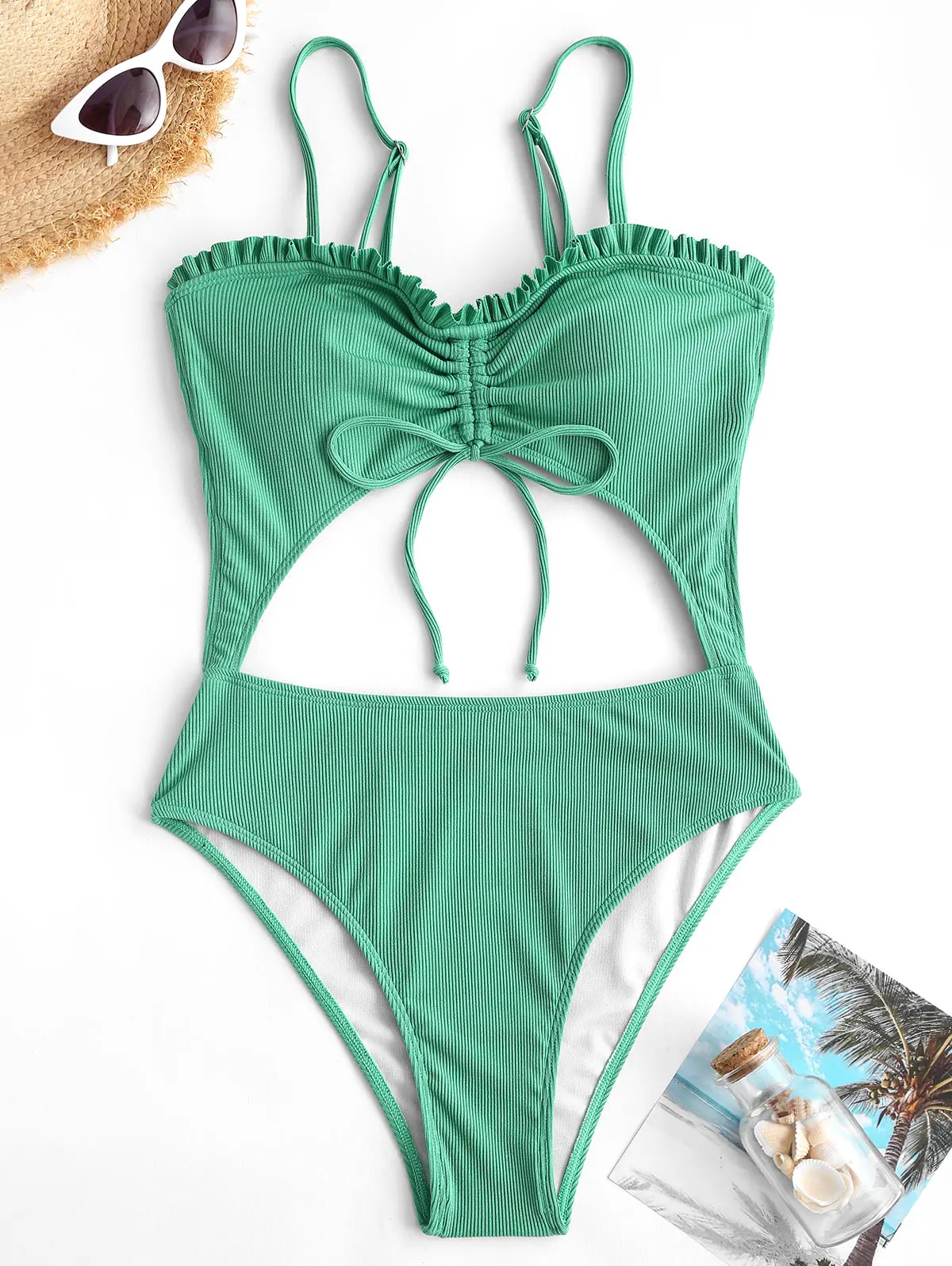 ZAFUL Ribbed Cutout Cinched Frilled One-piece Swimsuit