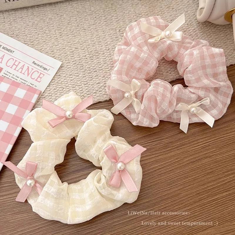 

Sweet High Fashion Plaid Bow Scrunchie Women Pink White 2026 New Elastic Hair Band Ponytail Tie Headwear Accessory