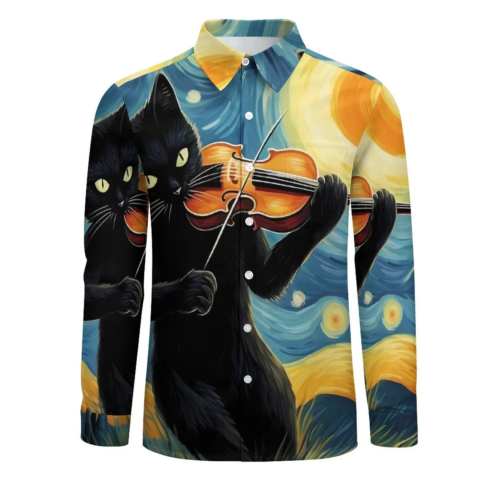 Van Gogh Starry Night Casual Shirt Male Black Cat Playing Violin Fashion Shirt Autumn Vintage Blouse Long Sleeve Oversized Tops