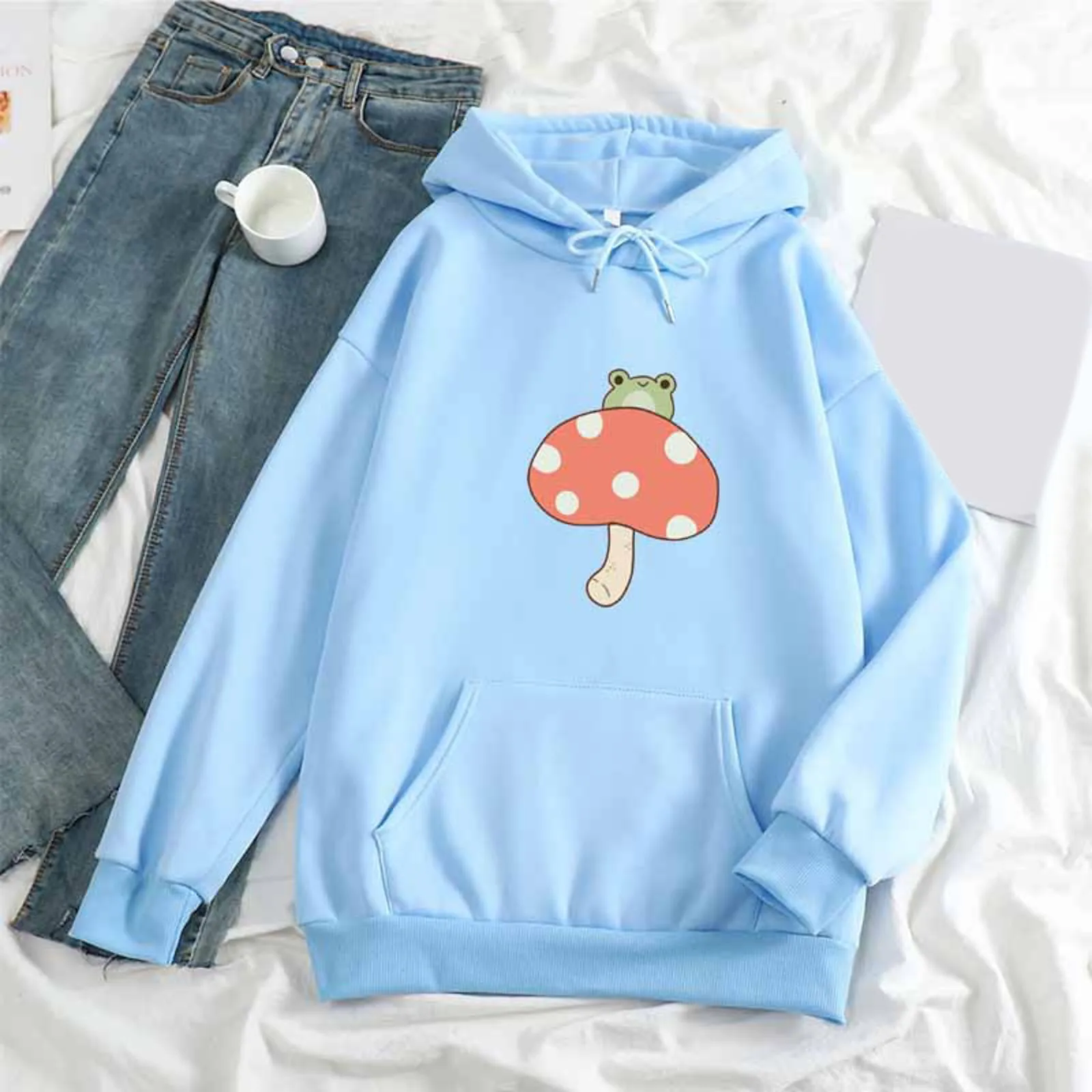 

Women's Cute Hoodies Sweatshirts Mushroom Frog Long Sleeve Hoodie Pullover Tops Kawaii Animal 2022 New Lady Streetwear Moletom