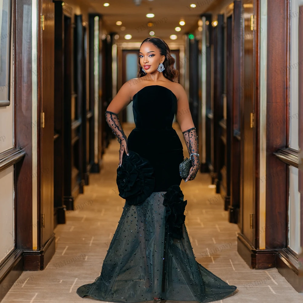Velvet Diamond Aso Ebi Evening Dresses With Flowers Strapless Beaded Mermaid Birthday Dresses Baddie Black Girl Customized