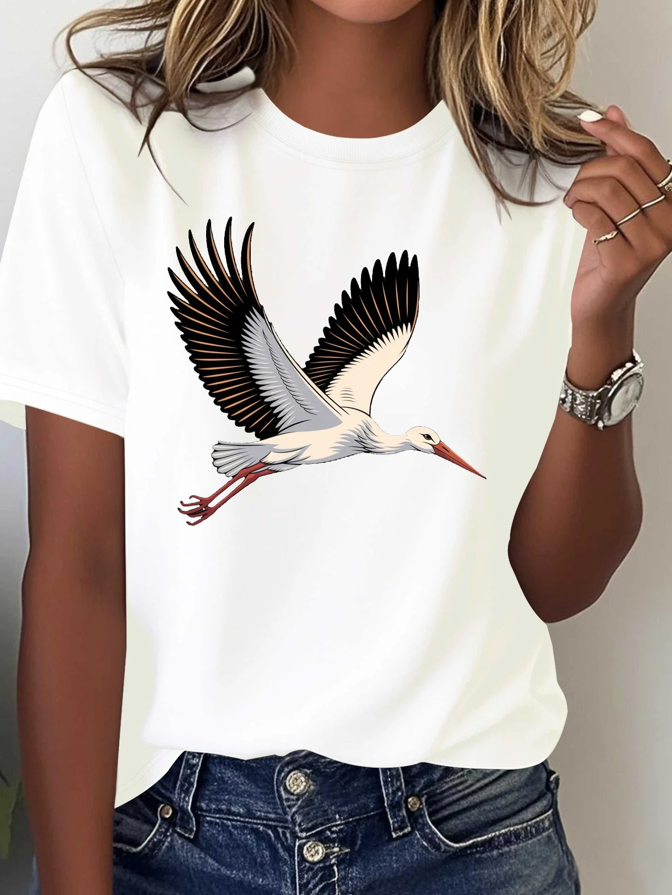 

Women's White Stork and Flying Bird Pattern Pure T-shirt Soft Breathable Printed Casual Short Sleeved Round Neck Top Casual Wear