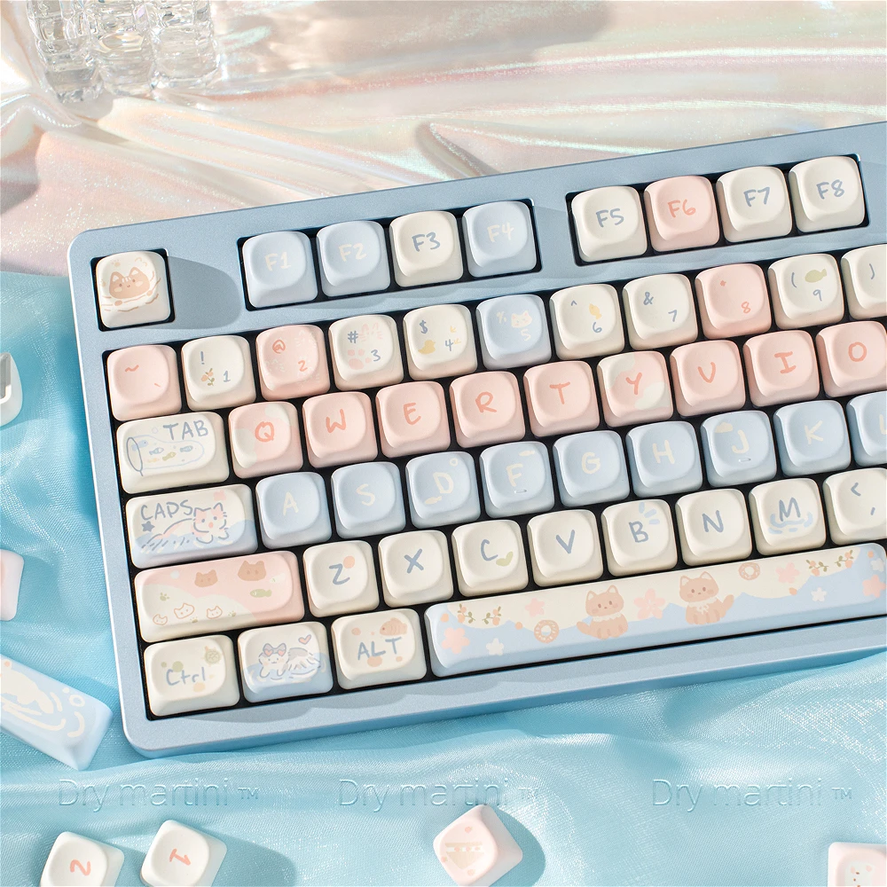 

Sea salt cat keycap milk blue pink ball cap PBT round hot sublimation adaptation 61 68 75 84 87 98 108 etc