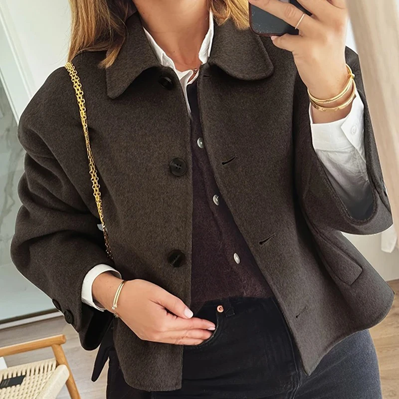 

Solid Short Woolen Coats Woman Fashion Thicken Warm Button Turn Down Collar Jacket Autumn Winter 2026 New Design Sense Outerwear