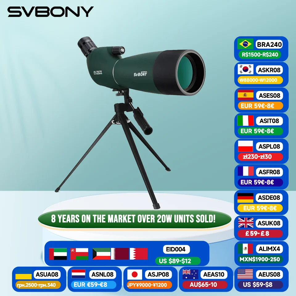 SVBONY SV28 25-75x70 Telescope Spotting Scope Powerful Zoom Monocular FMC BAK4 Waterproof For Bird Watching Target Shotting