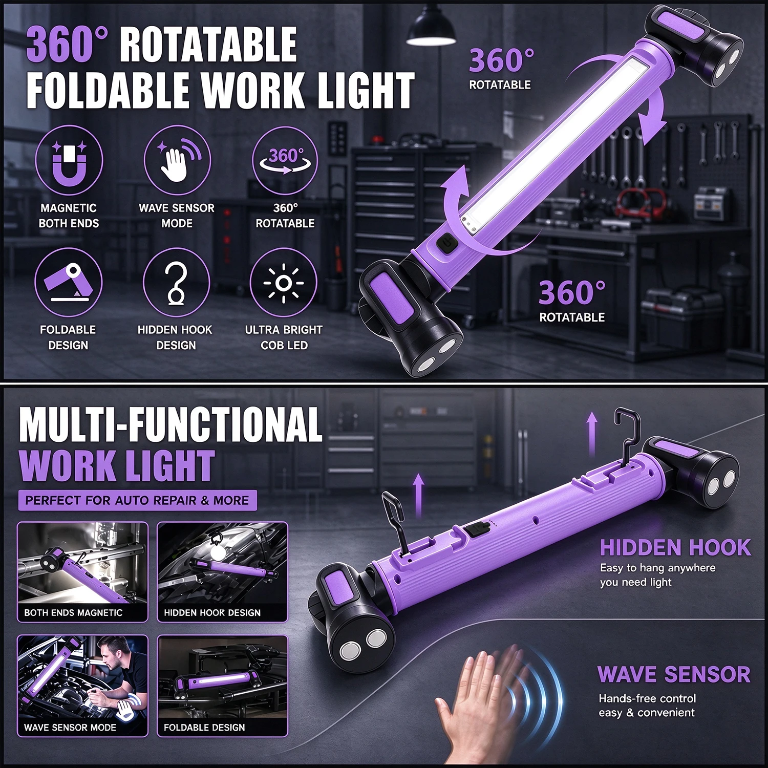 Mechanic Work Light 5200mAh Rechargeable Work Light with Motion Sensor 5 Lightings Magnetic Portable Flashlight Outdoor