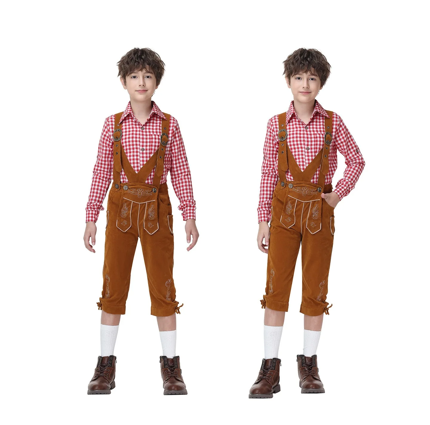 Vintage Bayerisches Lederhosen-Outfit für die Familie, Weißes Karohemd, Bestickte Hosenträgerhose, Oktoberfest-Party-Cosplay-Kostüm – Detail 7