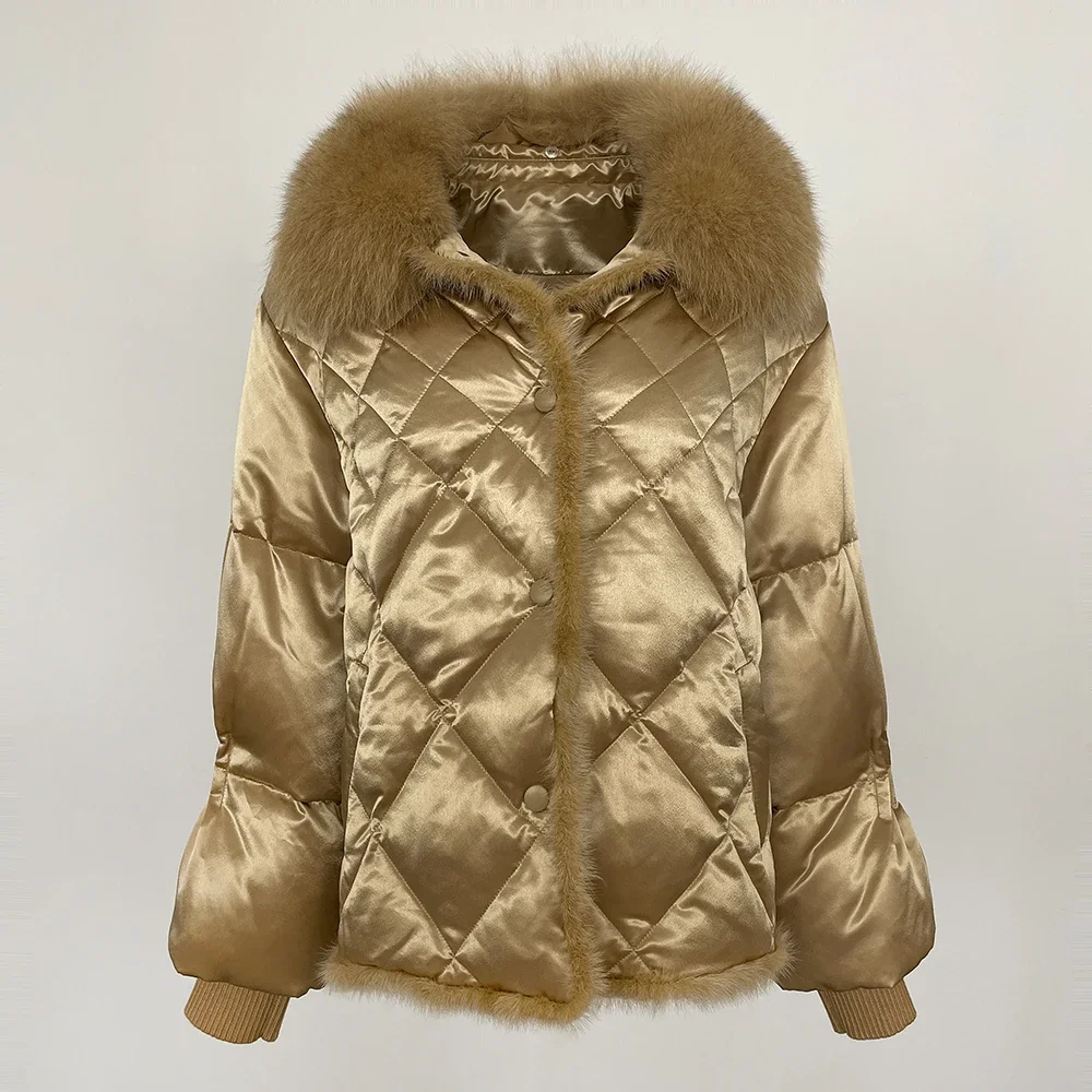 Vrouwen Nieuwe Nertsenbont Puffer Jas Echt Vossenbont Jas Herfst Winter Grote Bontkraag Korte Casual 90 Witte Eendendons Jas Warm