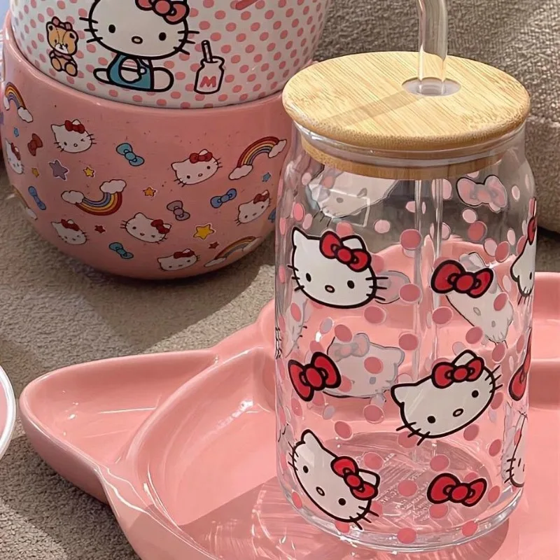 

Kawaii Hello Kitty Sanrio Cute Cartoon Glass Straw Cup Children Student Milk Juice Glass Christmas Birthday Gift for Girls