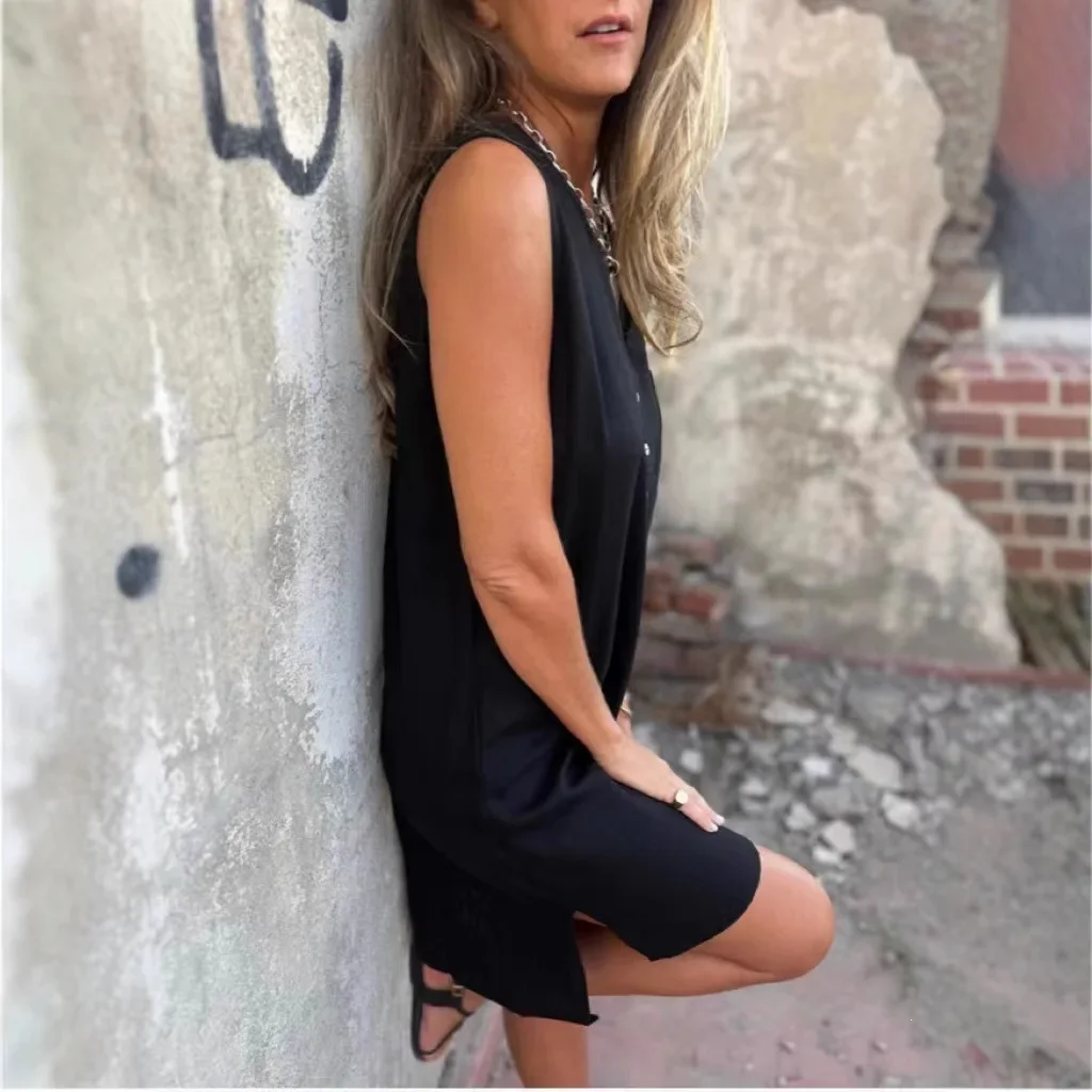 2025 ฤดูร้อนใหม่แขนกุดผ้าลินินเสื้อชุดผู้หญิงฤดูร้อนสบายๆหลวม Fit Boho Cotton Blend Tunic Top Beach สวมชุดวันหยุด