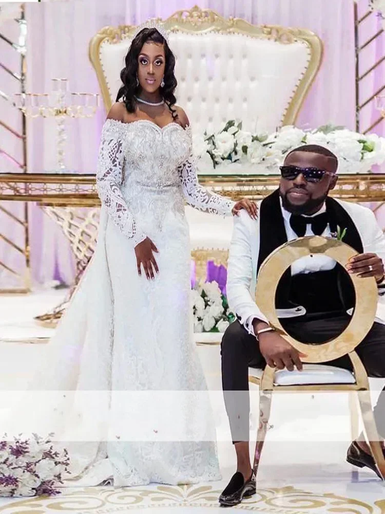 Suknia ślubna syrena z odpinanym trenem, z odkrytymi ramionami, wysokiej jakości, z ciężkimi aplikacjami i koralikami, szyta na miarę, vestido de novia.