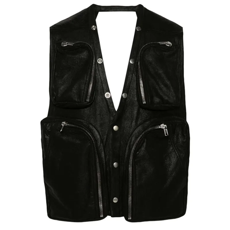 HKSH Spring Summer New Men Tide Pocket Streetwear Jacket Hollowed Out Sleeveless Vest Leather Tops Ins Tactical Dark Coat HK5264