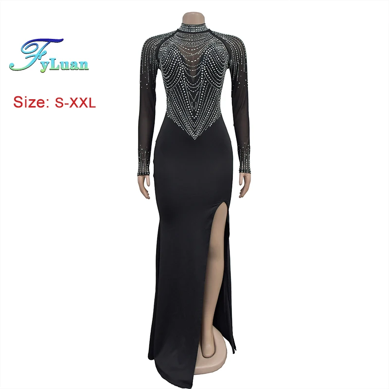 Vestido ajustado con dobladillo dividido para niña, vestido de ceremonia con cuello redondo, malla transparente, temperamento Sexy, batas de manga larga, trajes de vacaciones para fiesta de boda y Club