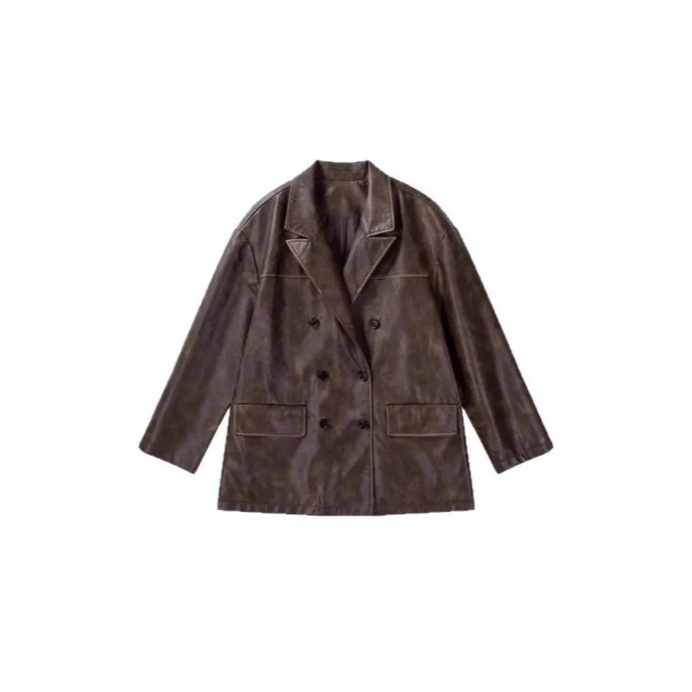 

Куртка из искусственной кожи OFTBUY для женщин, коричневая кожаная куртка оверсайз с воротником, корейский стиль, весенняя верхняя одежда