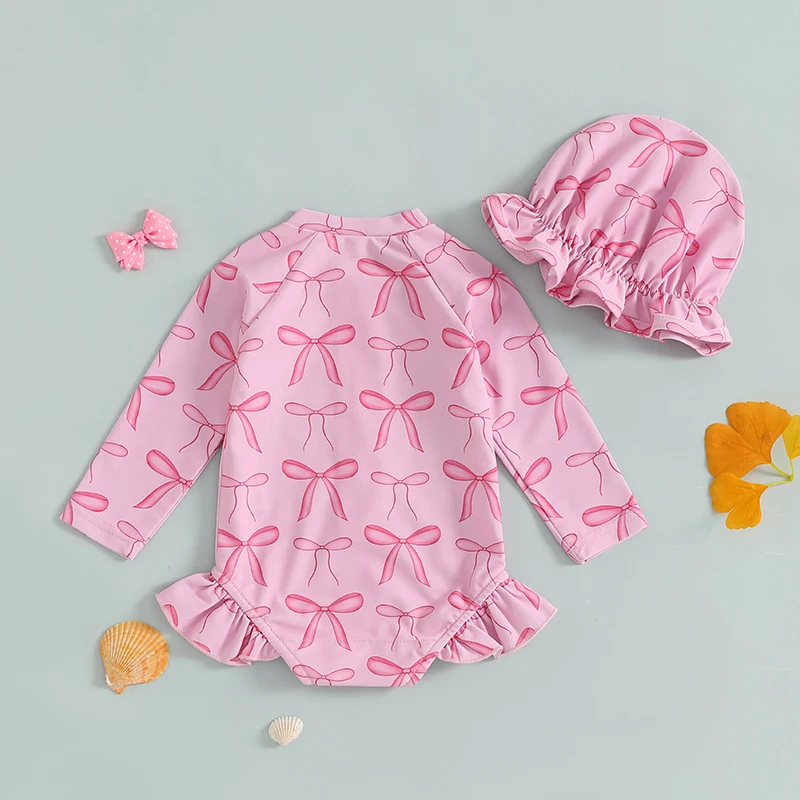 أطفال بنات ملابس السباحة رومبير طويلة الأكمام س الرقبة القوس طباعة زمم ثوب السباحة الشاطئ السباحة رومبير مع قبعة