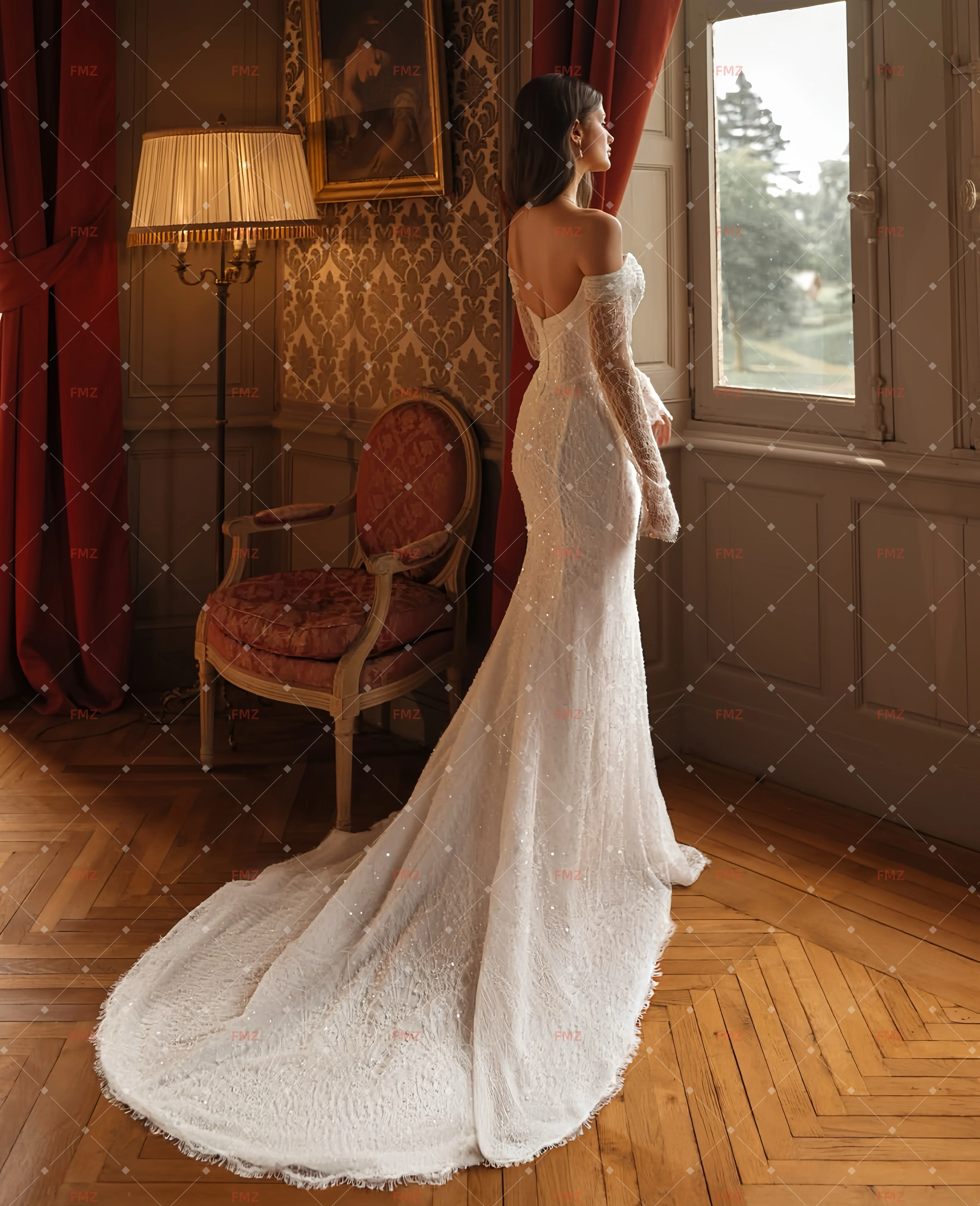 فستان زفاف مثير بياقة حلوة وأكمام طويلة حورية البحر من فيستدوس دي نوفيا أماندا نوفيا أماندا نوفيا رسمي