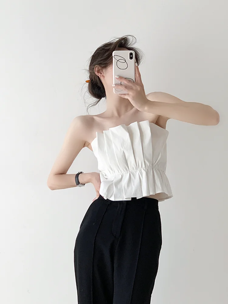

Summer 2026 Women's Crop Top Vest Strapl Flud ape Sexy Spicy Base Layer Outerwear Tee-dimensional Pleated