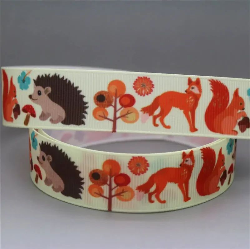 DHK 22mm 5yards Animals Fox Bee Owl Printed Grosgrain Ribbon Accessories Headwear Decoration Collar DIY Sewing Craft E2231