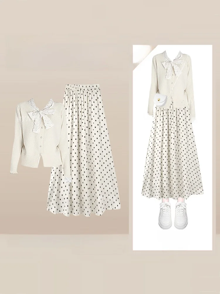 슬리밍 폴카 도트 테르 네 니트 스웨터와 스커트 세트 여성용 가을 겨울 롱 스웨트 패션 캐주얼웨어
