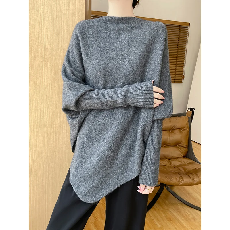 Bat sleeve knitted shawl over cloak autumn new pure wool sweater women's one neck loose medium long sweater