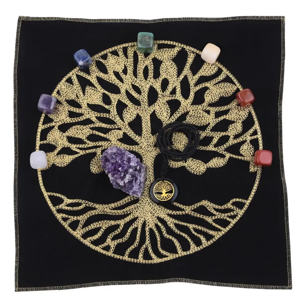 7 Chakra Stones & Amethyst Cluster & Obsidian Pendant Healing Crystal Stone Set With Life Tree Mat For Yoga Meditation