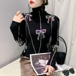 #4334 Women Sweaters And Pullovers Diamonds Skinny Knitted Sweaters Female Stretch Knitwear Turtleneck Sweater Black Gray Yellow