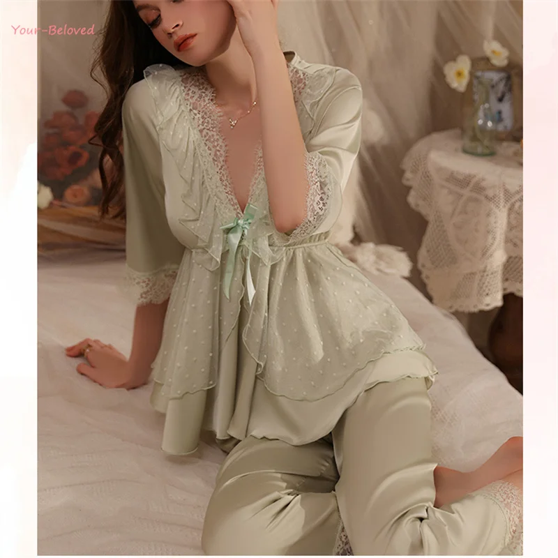 Sexy Lace Ruffles Pijamas Conjuntos para Mulheres, Manga Comprida, Rayon Sleepwear, Loungewear, Roupas de Casa