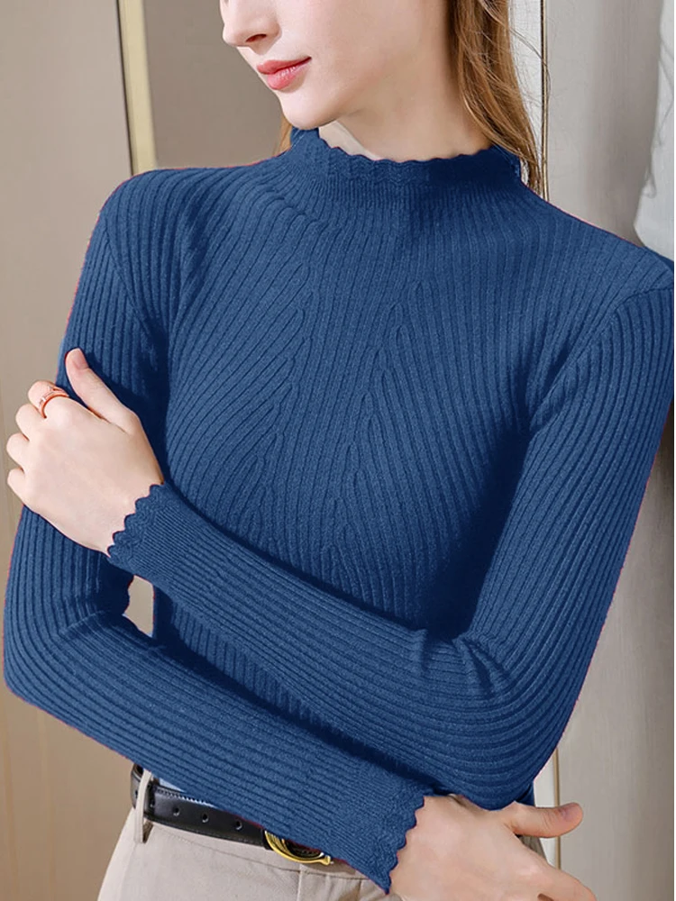 ITOOLIN New Solid Color Pullover Striped Casual Sweater Office Women's Stand Collar Top For Autumn And Winter