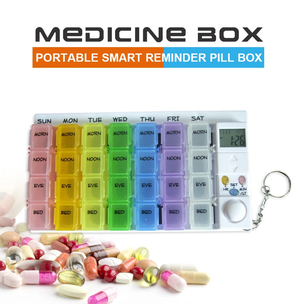 7 Days Tablets Organizer Luminous Timer Reminder 28 Grids Alarm Clock Pill Box