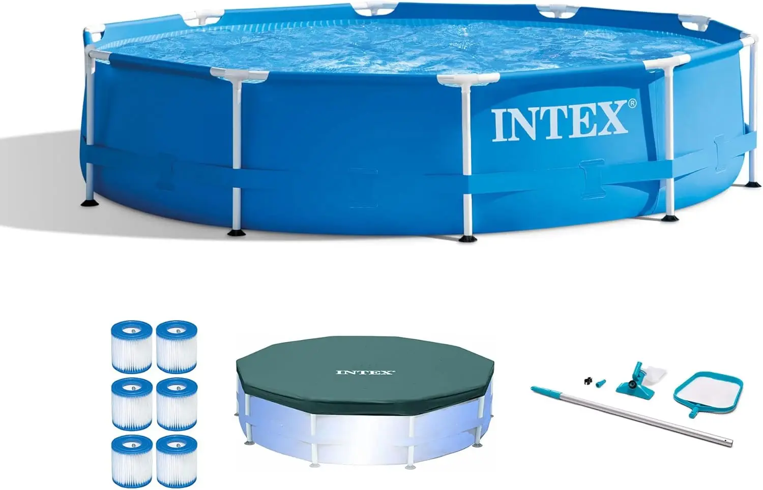 

Intex Metal Frame 10' x 30" Round Outdoor Swimming Pool Set with 330 GPH Filter Pump, Maintenance Kit, Cover, and Filter Cartrid