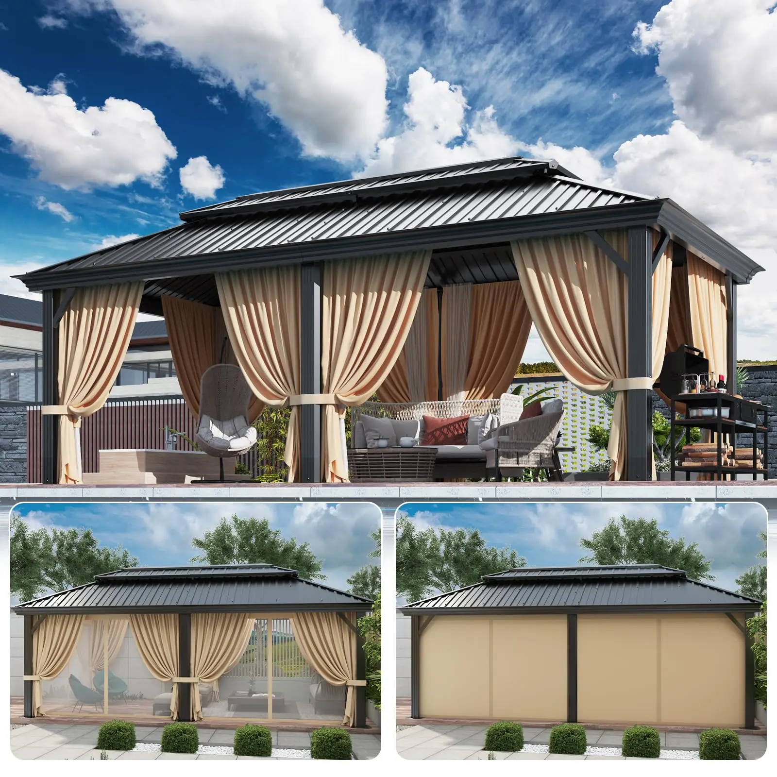 2026 12x20ft Gazebo Pavilion With Metal Double Roof Heavy Duty Tent With Flame-Retardant Curtain And Netting Gazebo Galvanized S
