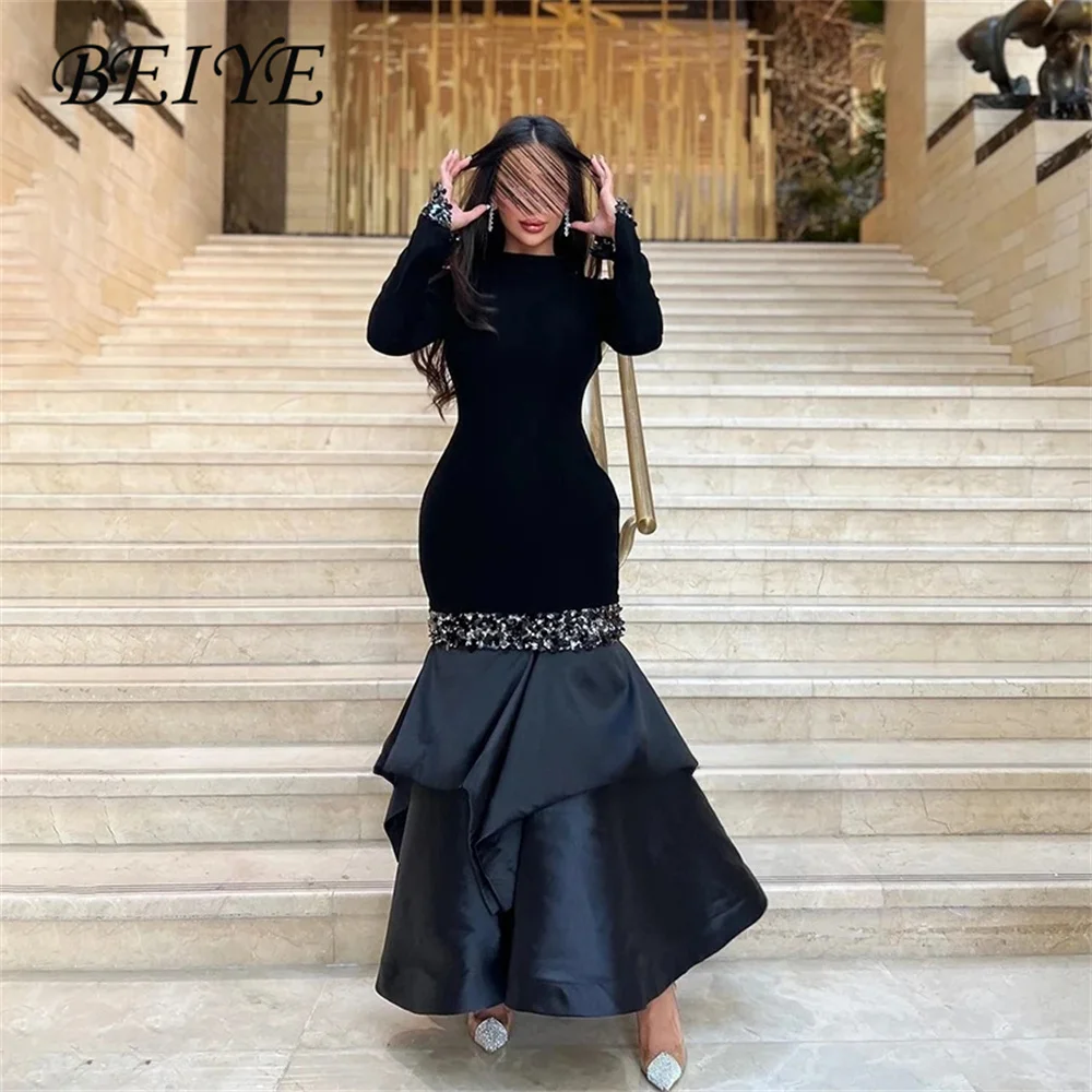 

BEIYE Vintage Long Sleeves Mermaid Evening Dress Women Sequined High Collar Pleat Satin Party Gown Customized فساتين س