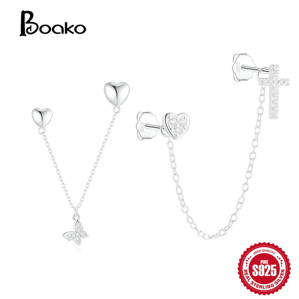 BOAKO-925 brincos de prata esterlina para mulheres, coração do amor, borboleta, cruz, corrente única, menina, cor prata, jóias de aniversário