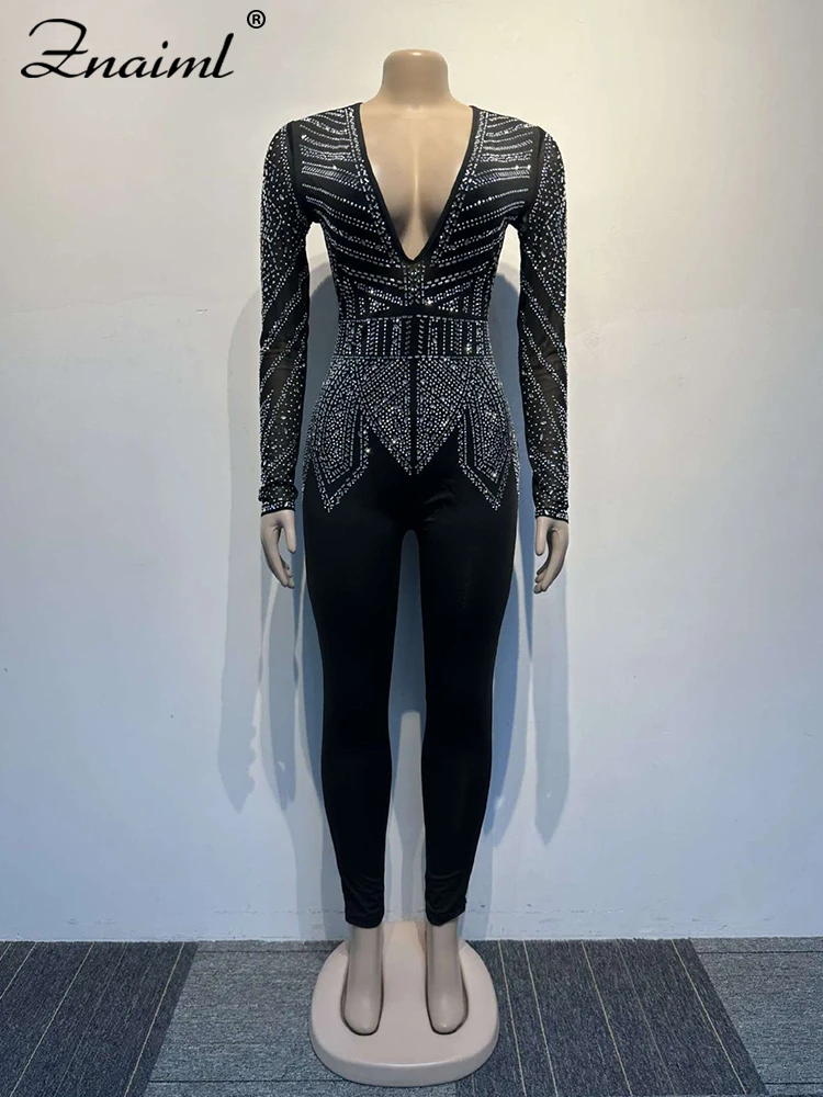 Znaiml Luxury Deep V-neck Mesh Long Sleeve Night Club Party Romper Birthday Outfits Women Sparkly Diamonds Rhinestone Jumpsuit