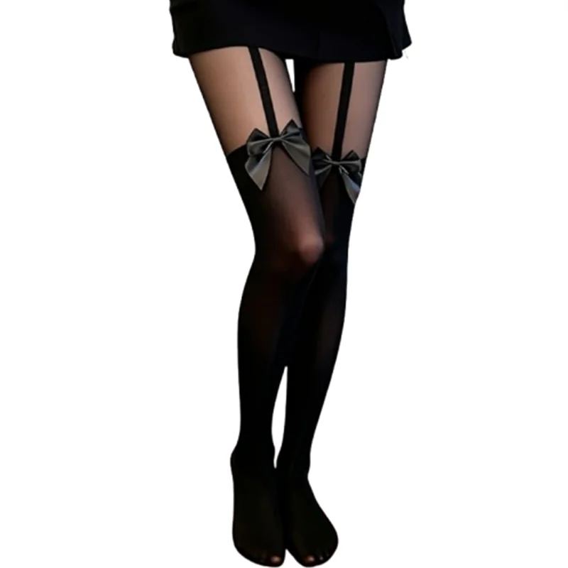 1 Pair of Cute Black Over-the-Knee Socks with Bows – Sheer Faux-Thigh-High Style with White Straps